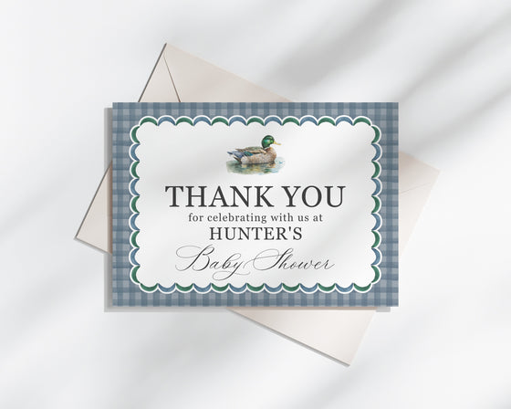 Mallard Thank You Card Printable Template, Editable One Lucky Duck Birthday Party Decor for Boy, Adventure Baby Shower with Blue Gingham