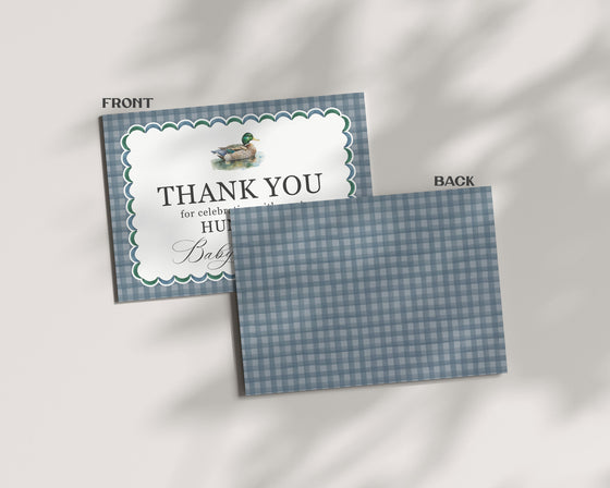 Mallard Thank You Card Printable Template, Editable One Lucky Duck Birthday Party Decor for Boy, Adventure Baby Shower with Blue Gingham