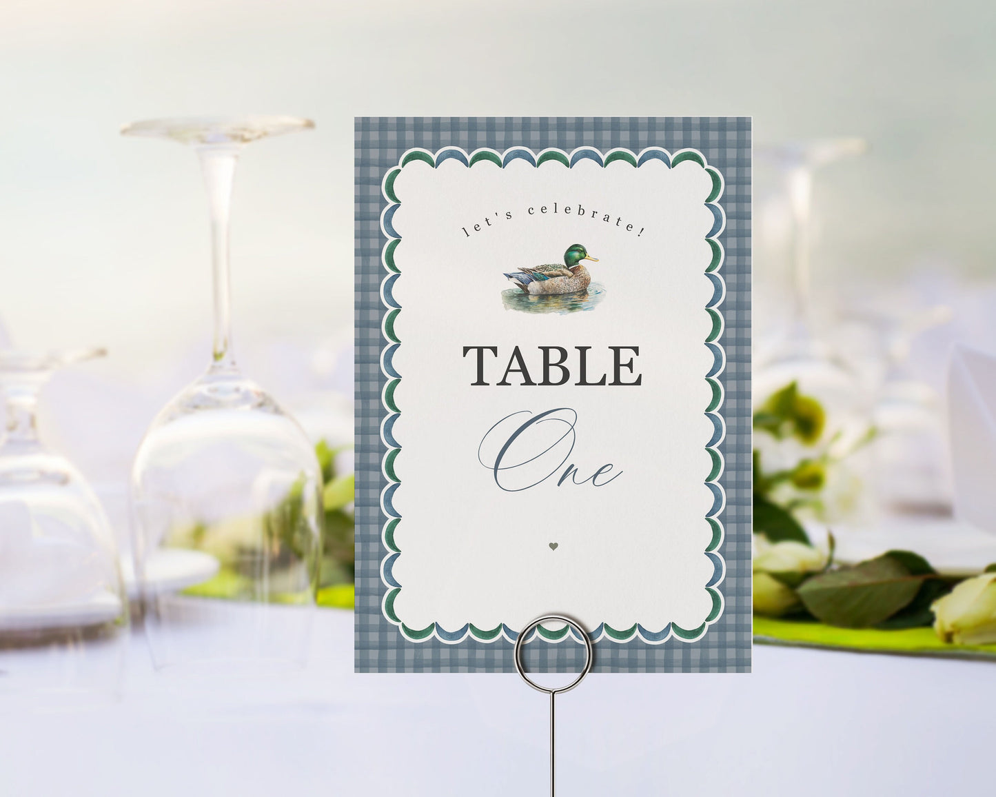 Mallard Table Numbers Printable Template, Editable One Lucky Duck Birthday Party Decor for Boy, Adventure Baby Shower with Blue Gingham