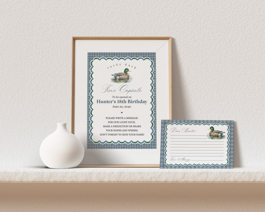 Mallard Time Capsule Printable Template, Editable One Lucky Duck 1st Birthday Party Decor for Boy, Adventure Duck Hunting Party Blue Gingham