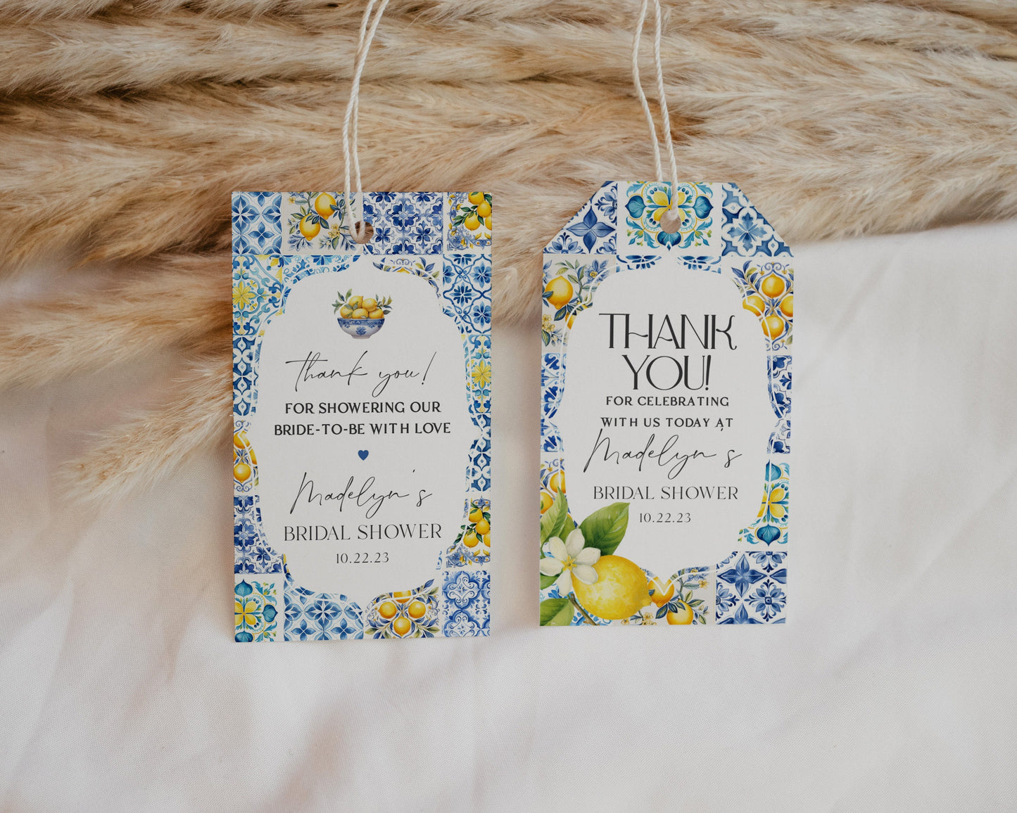 Amalfi Coast Bridal Shower Circle Favor Tags Printable Template, Lemon Citrus Mediterranean shower decor with blue tiles Italian theme party