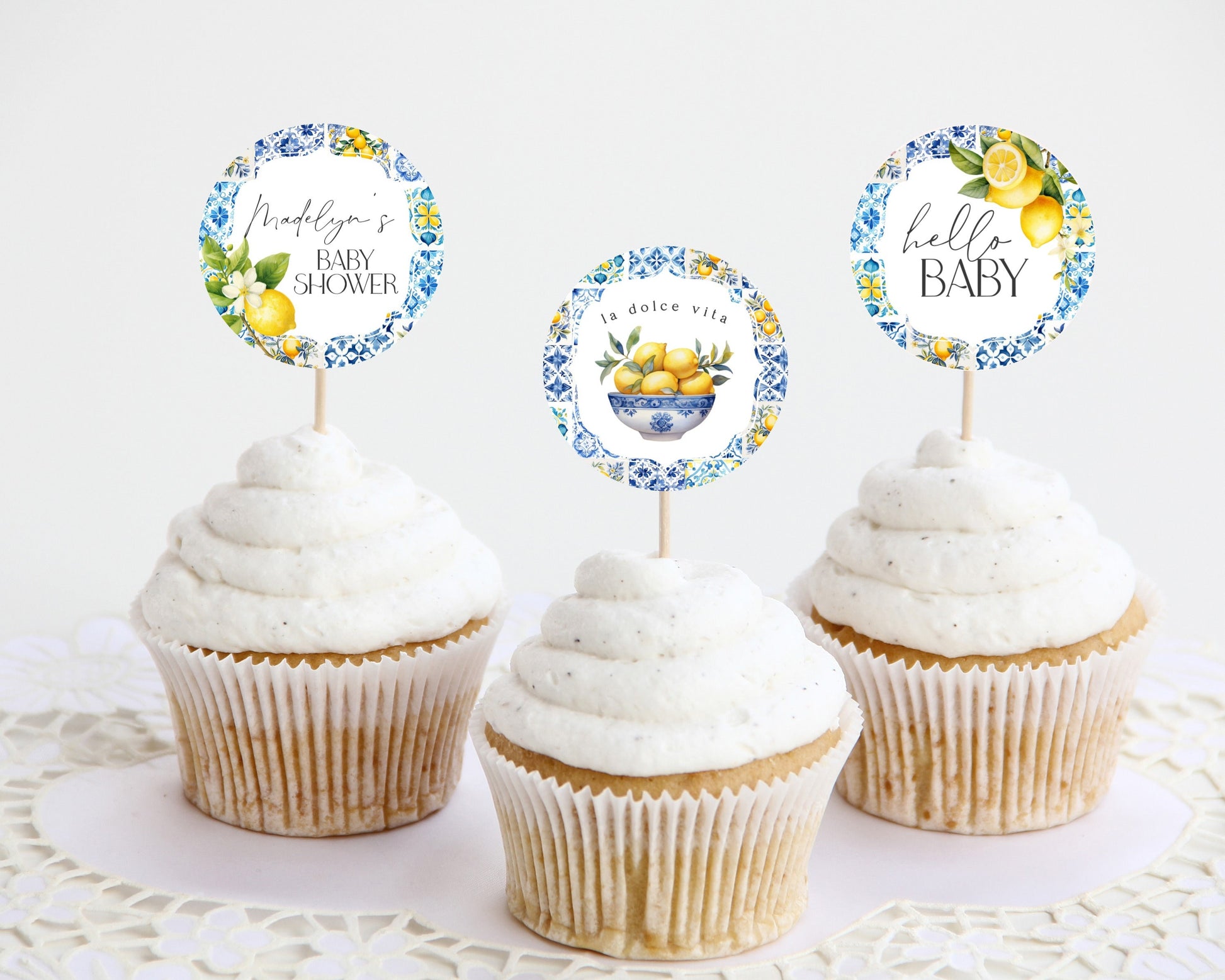 Amalfi Coast Baby Shower Cupcake Toppers Printable Template, Lemon Citrus Mediterranean shower decor with blue tiles, Italian theme party