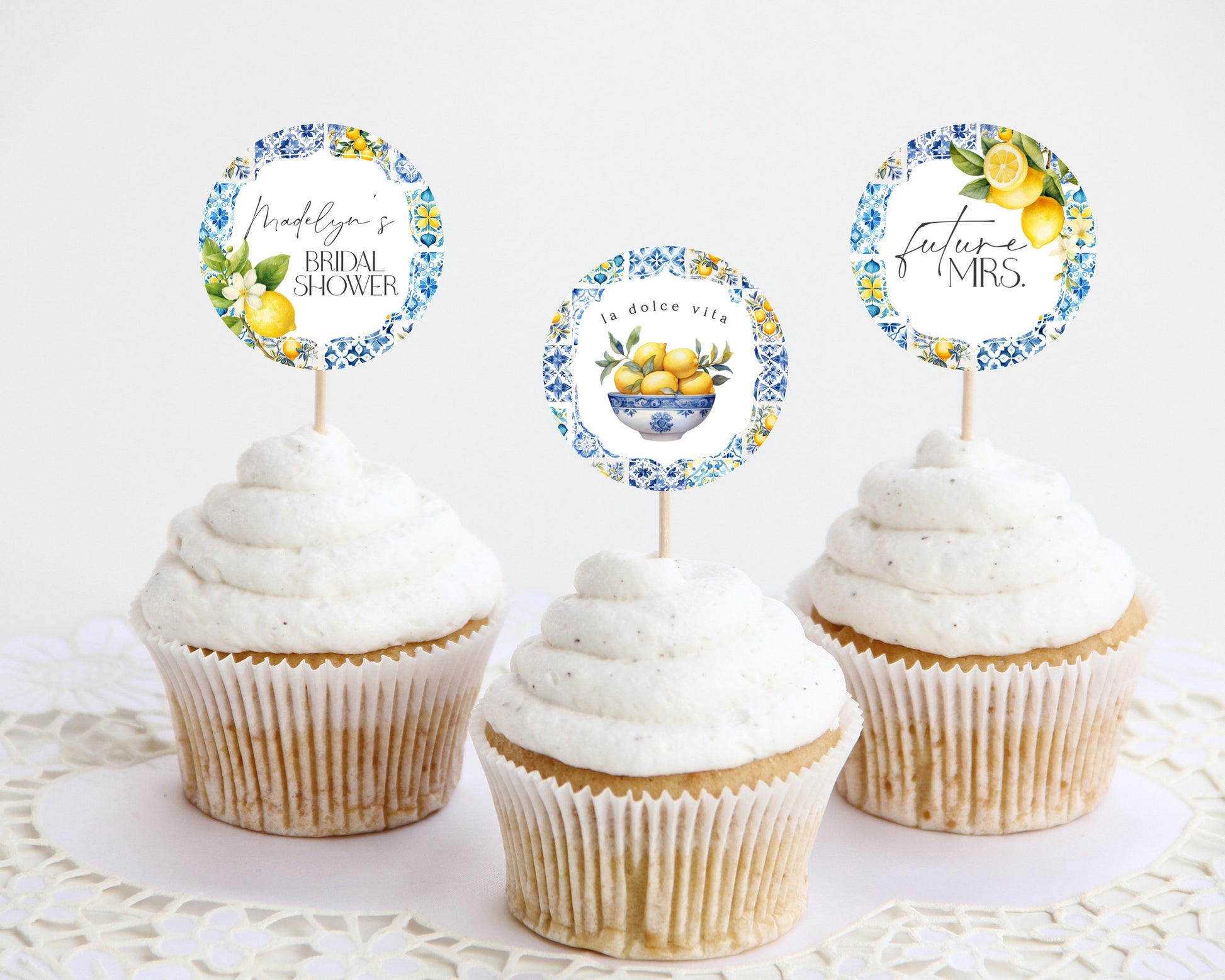 Amalfi Coast Bridal Shower Cupcake Toppers Printable Template, Lemon Citrus Mediterranean shower decor with blue tiles, Italian theme party