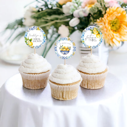 Amalfi Coast Bridal Shower Cupcake Toppers Printable Template, Lemon Citrus Mediterranean shower decor with blue tiles, Italian theme party