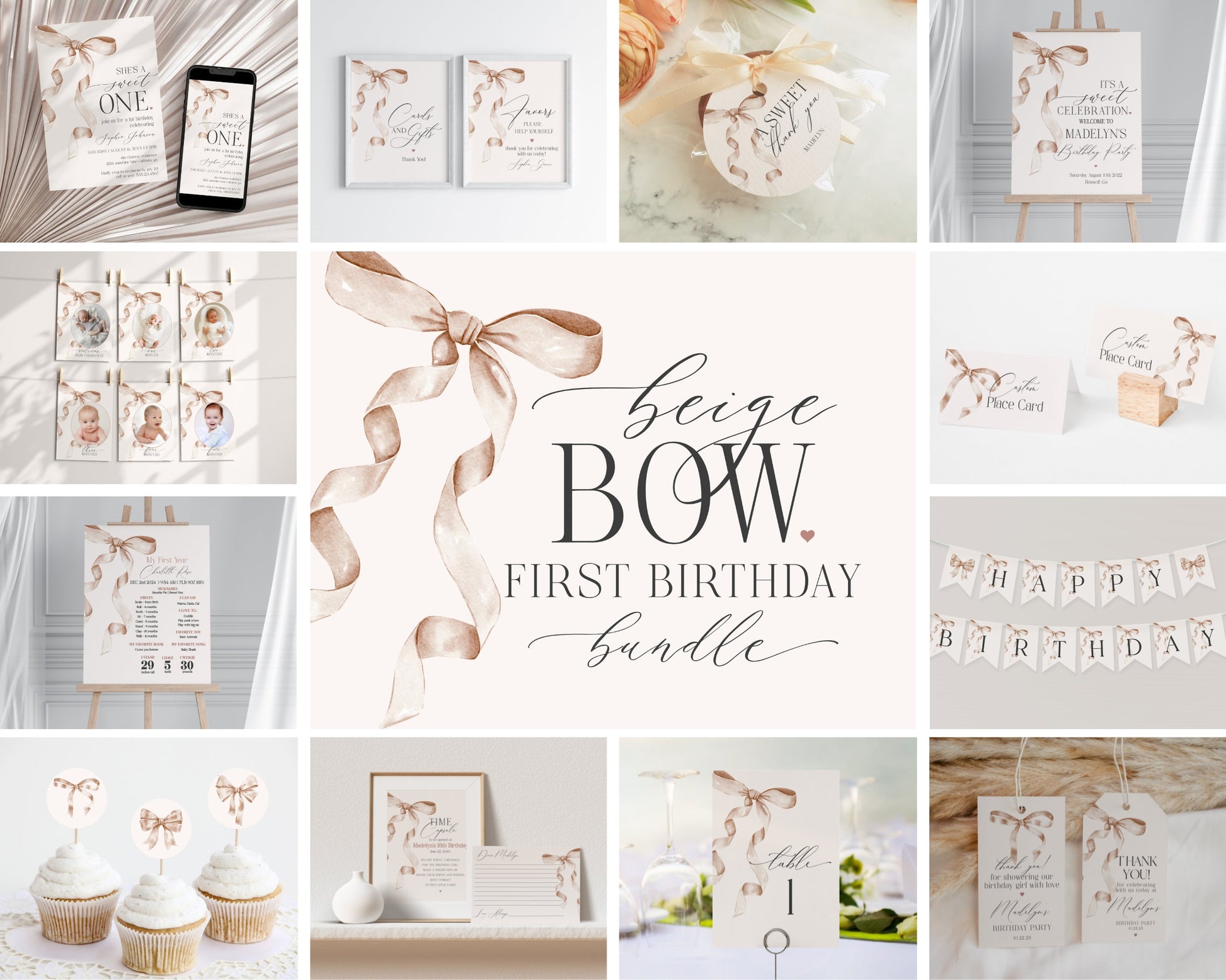 Beige Bow First Birthday Bundle Printable Template, Watercolor preppy coquette bow theme party for fancy southern girl, grandmillenial bow