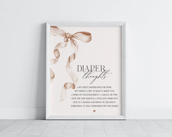 Beige Bow Baby Shower Diaper Thoughts Sign Printable Template, Neutral preppy coquette bow theme party for fancy southern girl