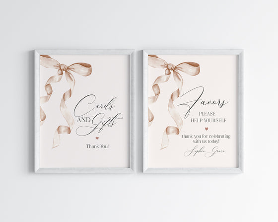 Beige Bow Cards & Gifts and Favors Sign Printable Template, Neutral preppy coquette bow theme party for fancy southern girl grandmillenial