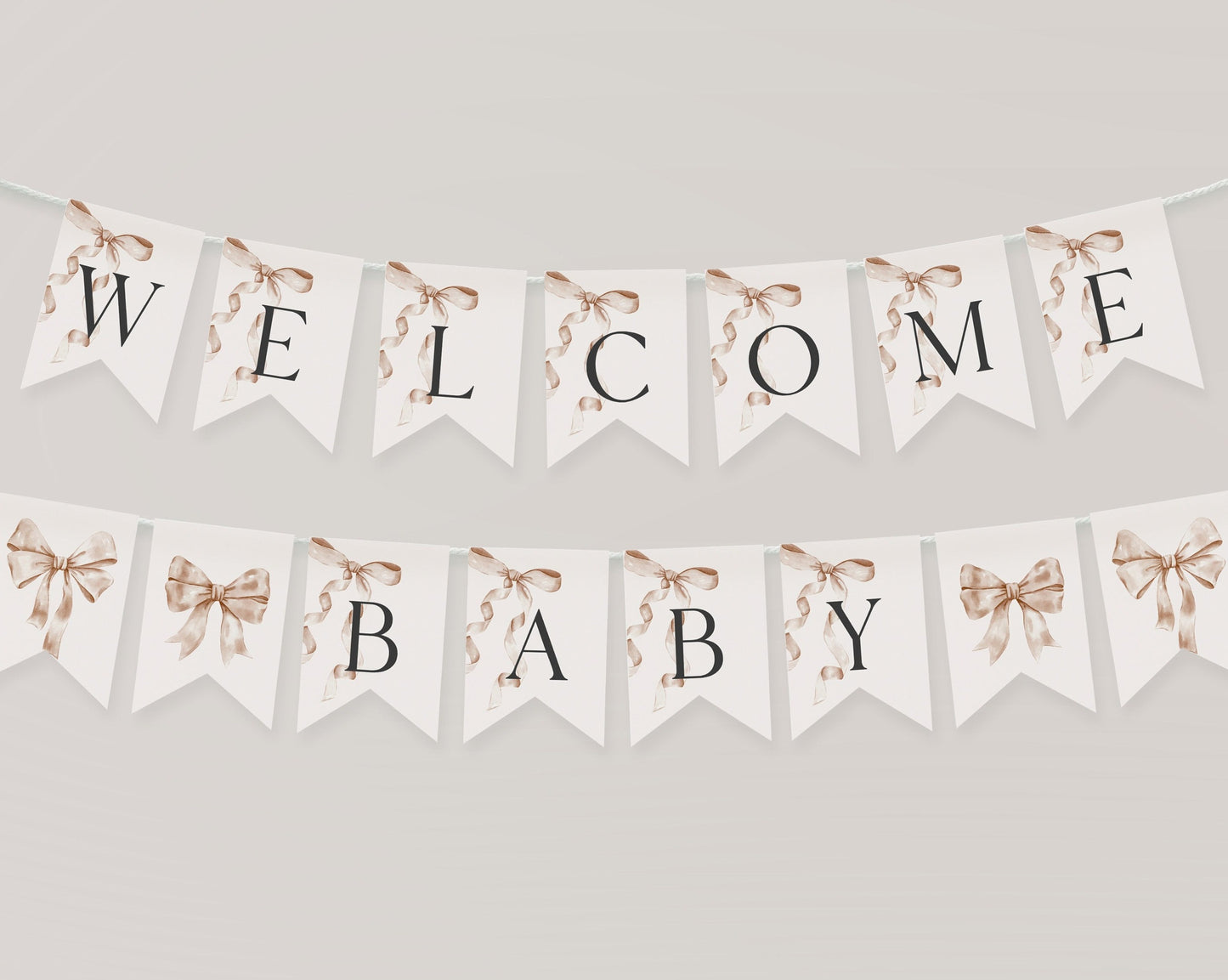 Beige Bow Baby Shower Banner Printable Template, Neutral preppy coquette bow theme party for fancy southern girl, grandmillenial bow decor