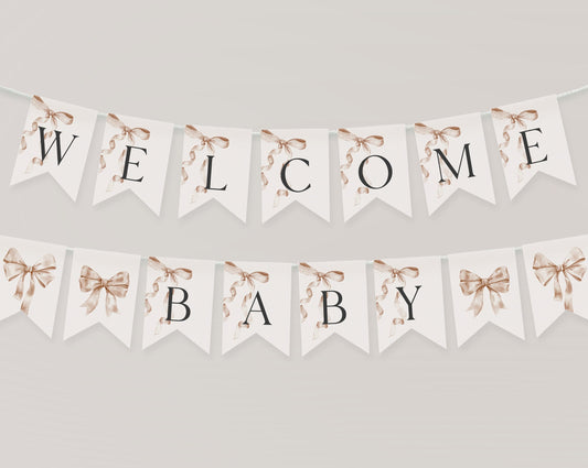 Beige Bow Baby Shower Banner Printable Template, Neutral preppy coquette bow theme party for fancy southern girl, grandmillenial bow decor