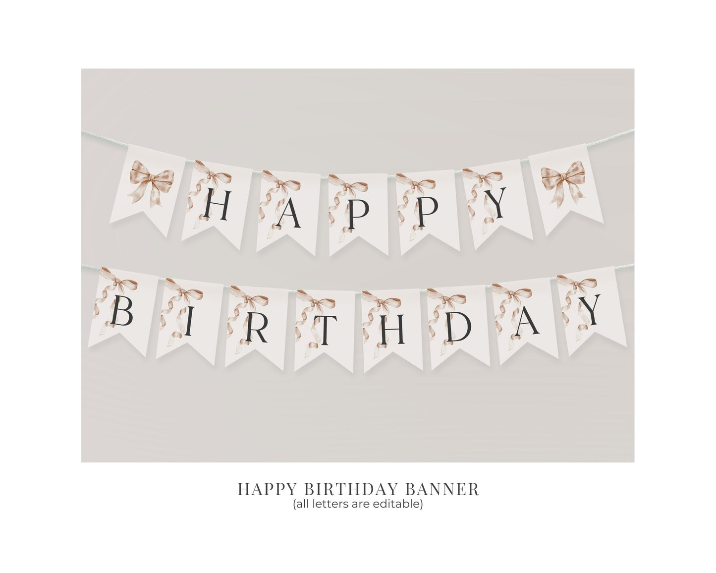 Beige Bow Birthday Banner Printable Template, Neutral preppy coquette bow theme party for fancy southern girl, grandmillenial bow decor