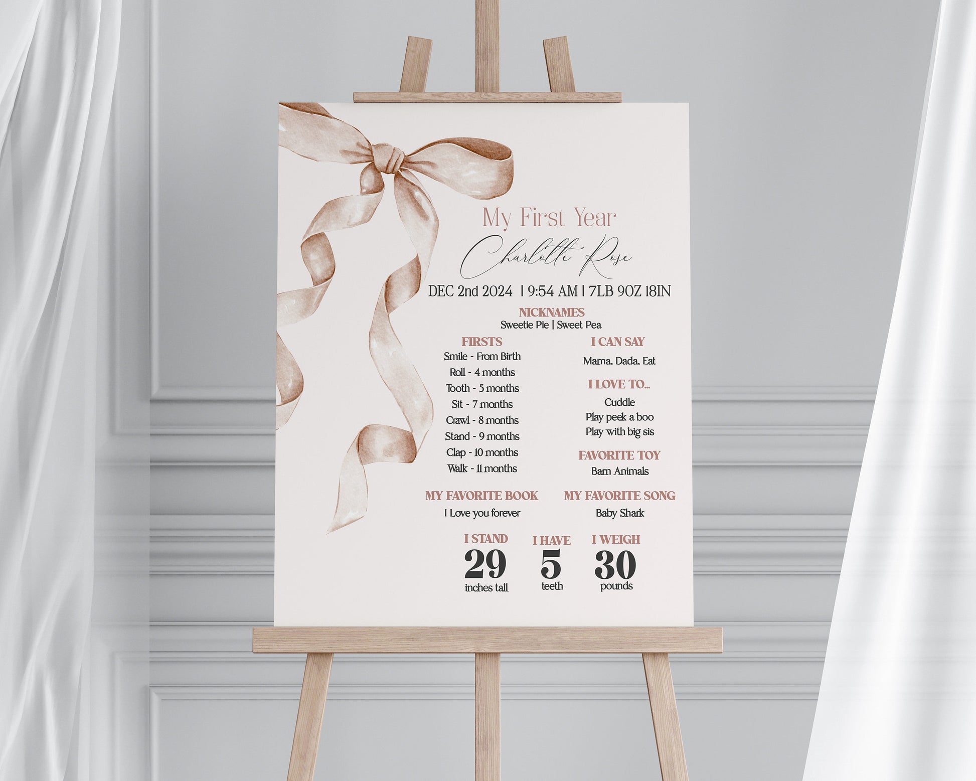 Beige Bow First Year Milestone Sign Printable Template, Neutral preppy coquette bow theme party for fancy southern girl grandmillenial bow