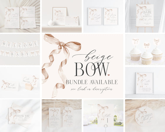 Beige Bow Table Number Cards Printable Template, Neutral preppy coquette bow theme party for fancy southern girl, grandmillenial bow decor