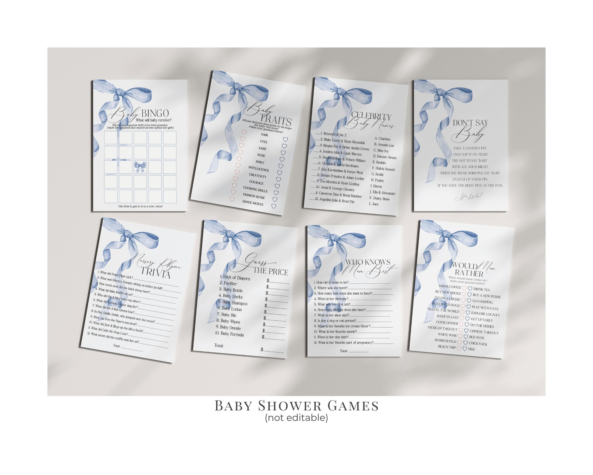 Blue Bow Baby Shower Bundle Printable Template, Gender Neutral preppy coquette bow theme party for fancy southern girl, fancy grandmillenial