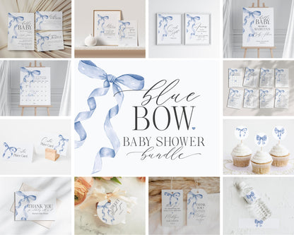 Blue Bow Baby Shower Bundle Printable Template, Gender Neutral preppy coquette bow theme party for fancy southern girl, fancy grandmillenial