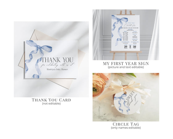 Blue Bow First Birthday Bundle Printable Template, Gender Neutral preppy coquette bow theme party for fancy southern girl grandmillenial bow