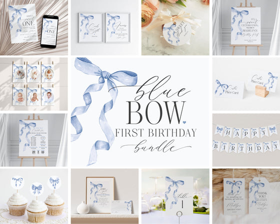 Blue Bow First Birthday Bundle Printable Template, Gender Neutral preppy coquette bow theme party for fancy southern girl grandmillenial bow