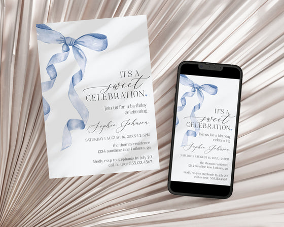 Blue Bow Birthday Invitation Printable Template, Neutral preppy coquette bow theme party for fancy southern girl grandmillenial bow decor