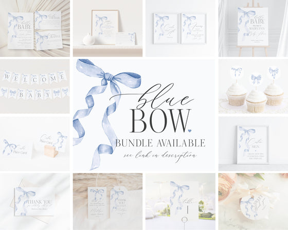 Blue Bow Birthday Invitation Printable Template, Neutral preppy coquette bow theme party for fancy southern girl grandmillenial bow decor