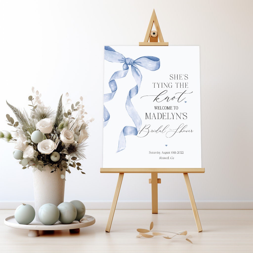 Blue Bow Bridal Shower Welcome Sign Printable Template, Shes Tying the Knot preppy coquette bow theme party for fancy southern bride