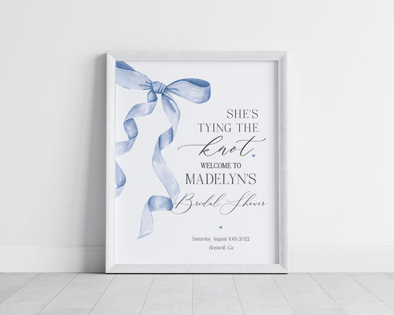 Blue Bow Bridal Shower Welcome Sign Printable Template, Shes Tying the Knot preppy coquette bow theme party for fancy southern bride