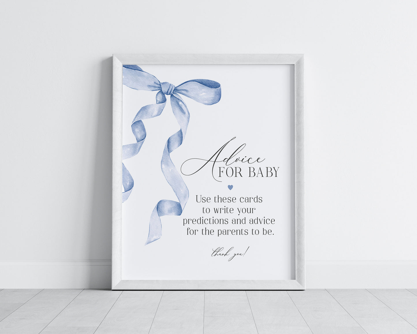 Blue Bow Advice for Baby Cards Printable Template, Neutral preppy coquette bow theme party for fancy southern girl, grandmillenial bow