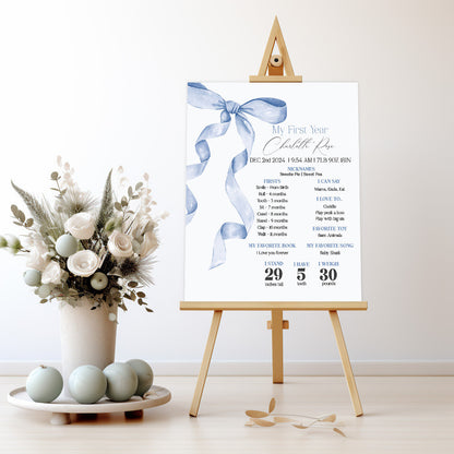 Blue Bow First Year Milestone Sign Printable Template, Neutral preppy coquette bow theme party for fancy southern girl grandmillenial bow