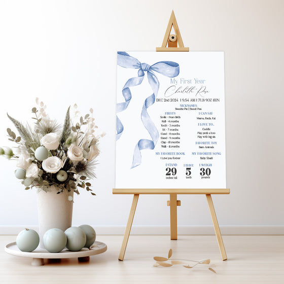 Blue Bow First Year Milestone Sign Printable Template, Neutral preppy coquette bow theme party for fancy southern girl grandmillenial bow