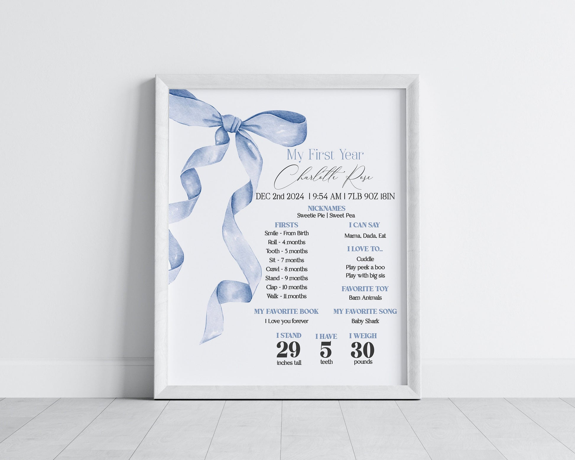 Blue Bow First Year Milestone Sign Printable Template, Neutral preppy coquette bow theme party for fancy southern girl grandmillenial bow