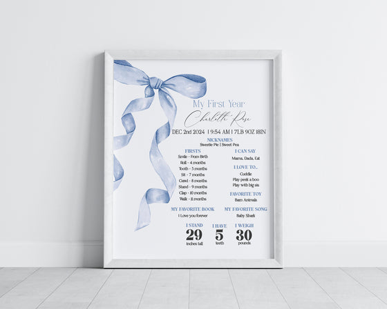 Blue Bow First Year Milestone Sign Printable Template, Neutral preppy coquette bow theme party for fancy southern girl grandmillenial bow