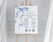  Blue Bow First Year Milestone Sign Printable Template, Neutral preppy coquette bow theme party for fancy southern girl grandmillenial bow