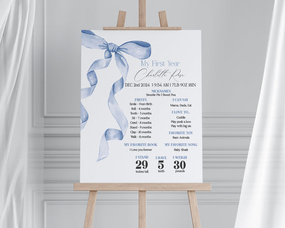 Blue Bow First Year Milestone Sign Printable Template, Neutral preppy coquette bow theme party for fancy southern girl grandmillenial bow