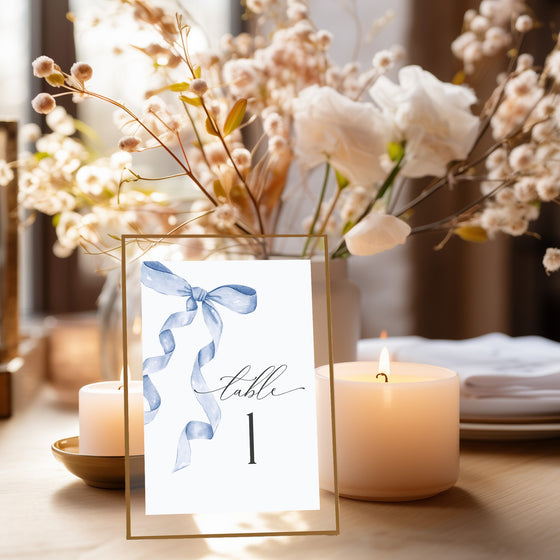 Blue Bow Table Number Cards Printable Template, Neutral preppy coquette bow theme party for fancy southern girl, grandmillenial bow decor