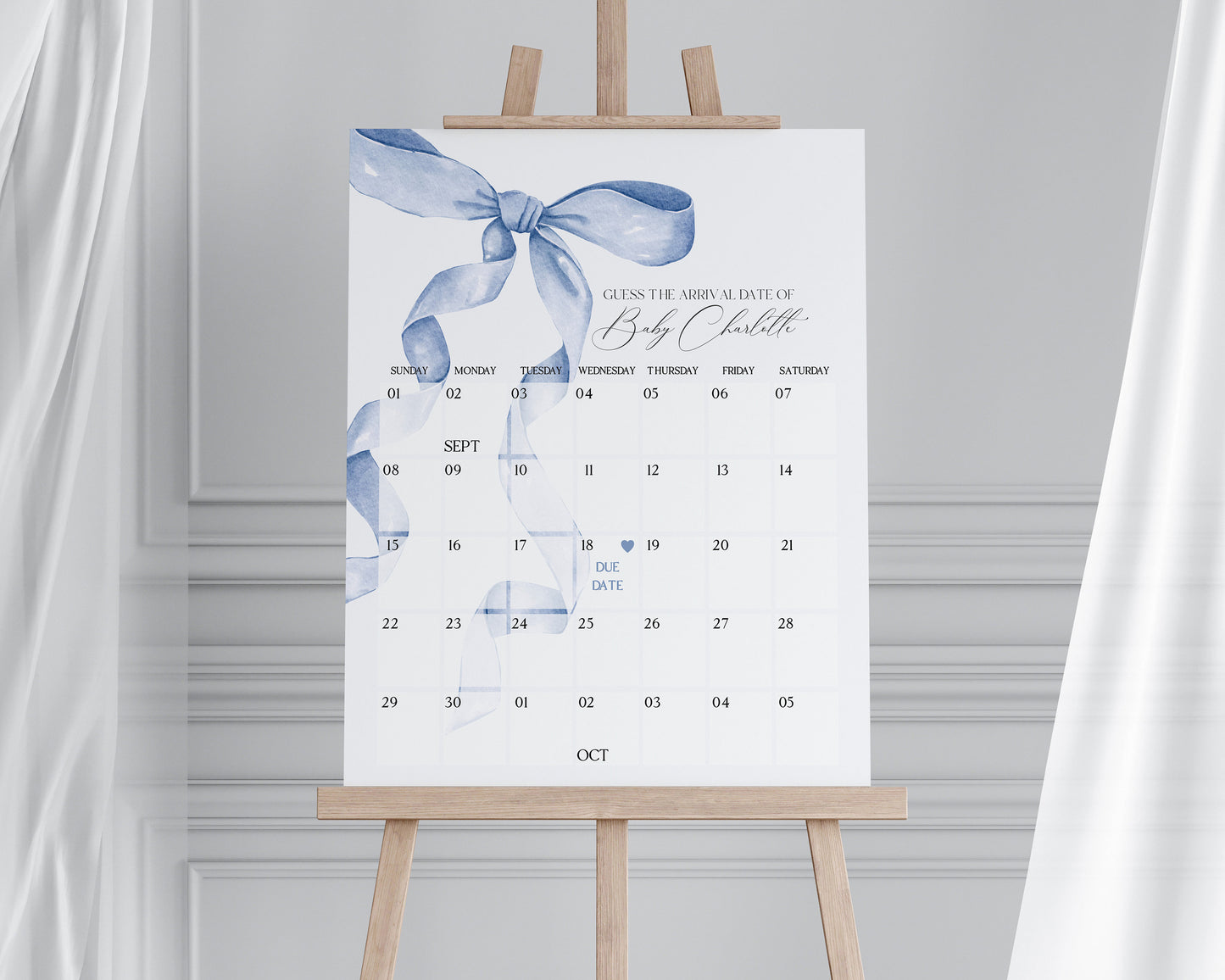 Blue Bow Baby Shower Guess the Date Game Template, Neutral preppy coquette bow theme party for fancy southern girl, grandmillenial bow