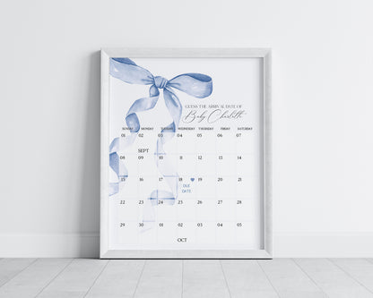 Blue Bow Baby Shower Guess the Date Game Template, Neutral preppy coquette bow theme party for fancy southern girl, grandmillenial bow