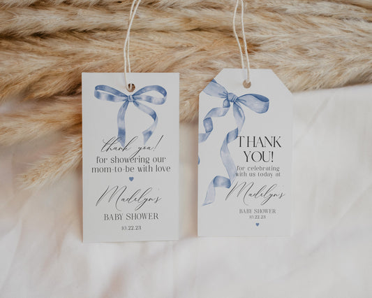 Blue Bow Baby Shower Favor Tags Printable Template, Neutral preppy coquette bow theme party for fancy southern girl, grandmillenial bow