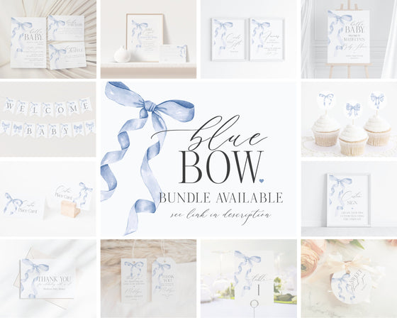 Blue Bow Bridal Shower Favor Tags Printable Template, Neutral preppy coquette bow theme party for fancy southern girl, grandmillenial bow