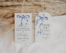  Blue Bow Bridal Shower Favor Tags Printable Template, Neutral preppy coquette bow theme party for fancy southern girl, grandmillenial bow