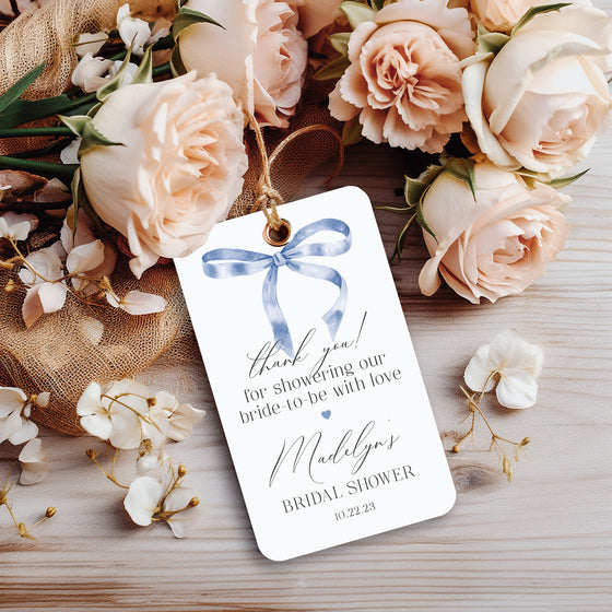 Blue Bow Bridal Shower Favor Tags Printable Template, Neutral preppy coquette bow theme party for fancy southern girl, grandmillenial bow