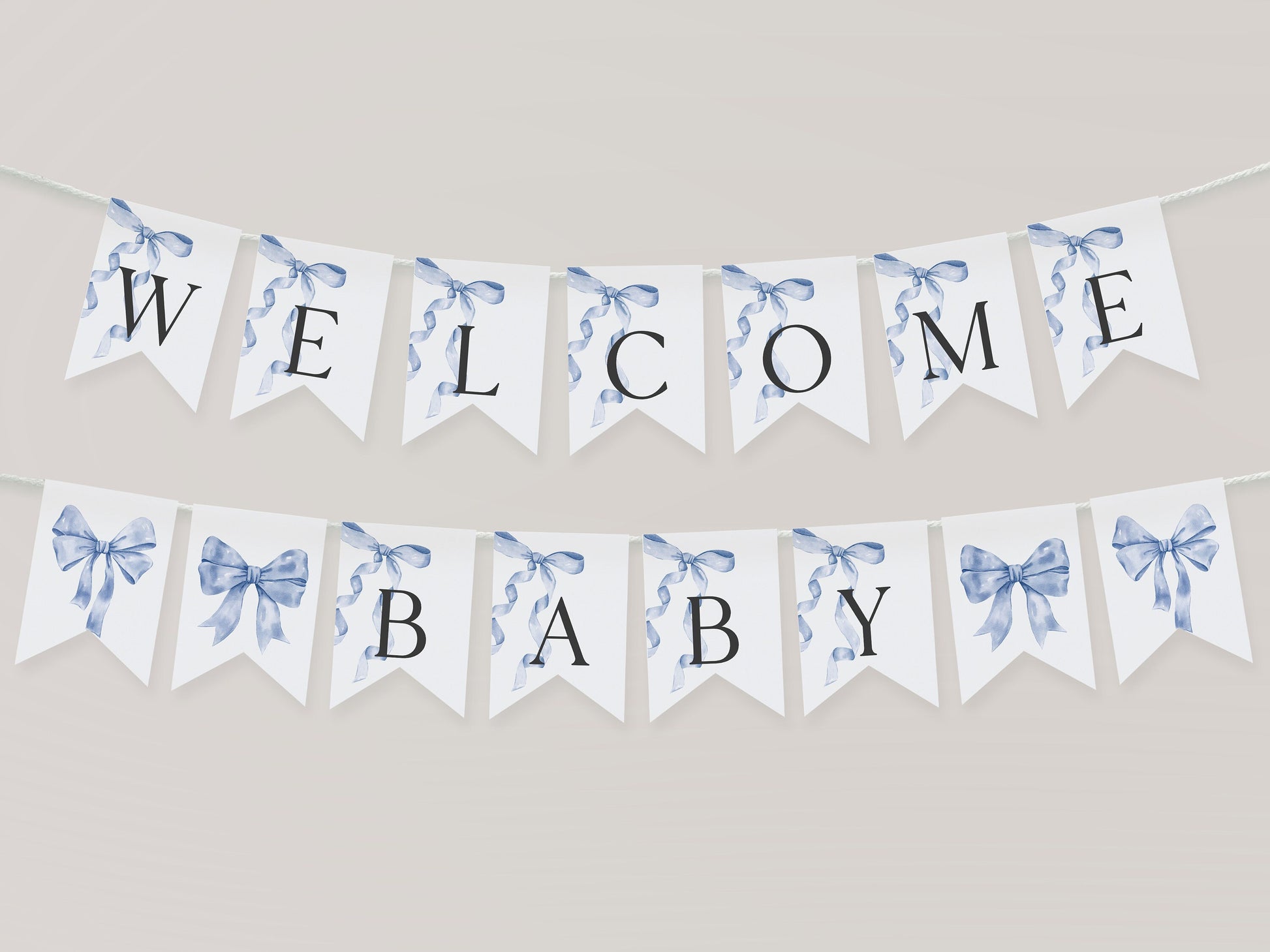 Blue Bow Baby Shower Banner Printable Template, Neutral preppy coquette bow theme party for fancy southern girl, grandmillenial bow decor