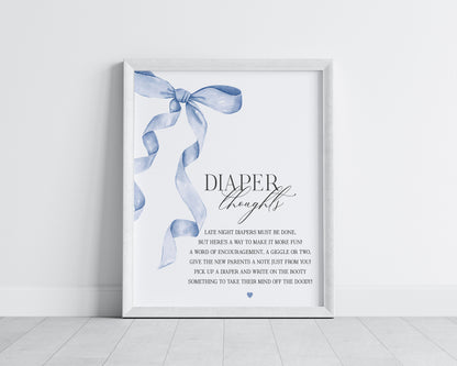 Blue Bow Baby Shower Diaper Thoughts Sign Printable Template, Neutral preppy coquette bow theme party for fancy southern girl