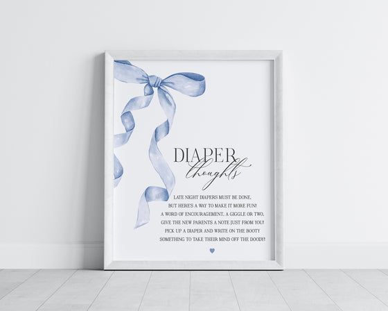 Blue Bow Baby Shower Diaper Thoughts Sign Printable Template, Neutral preppy coquette bow theme party for fancy southern girl