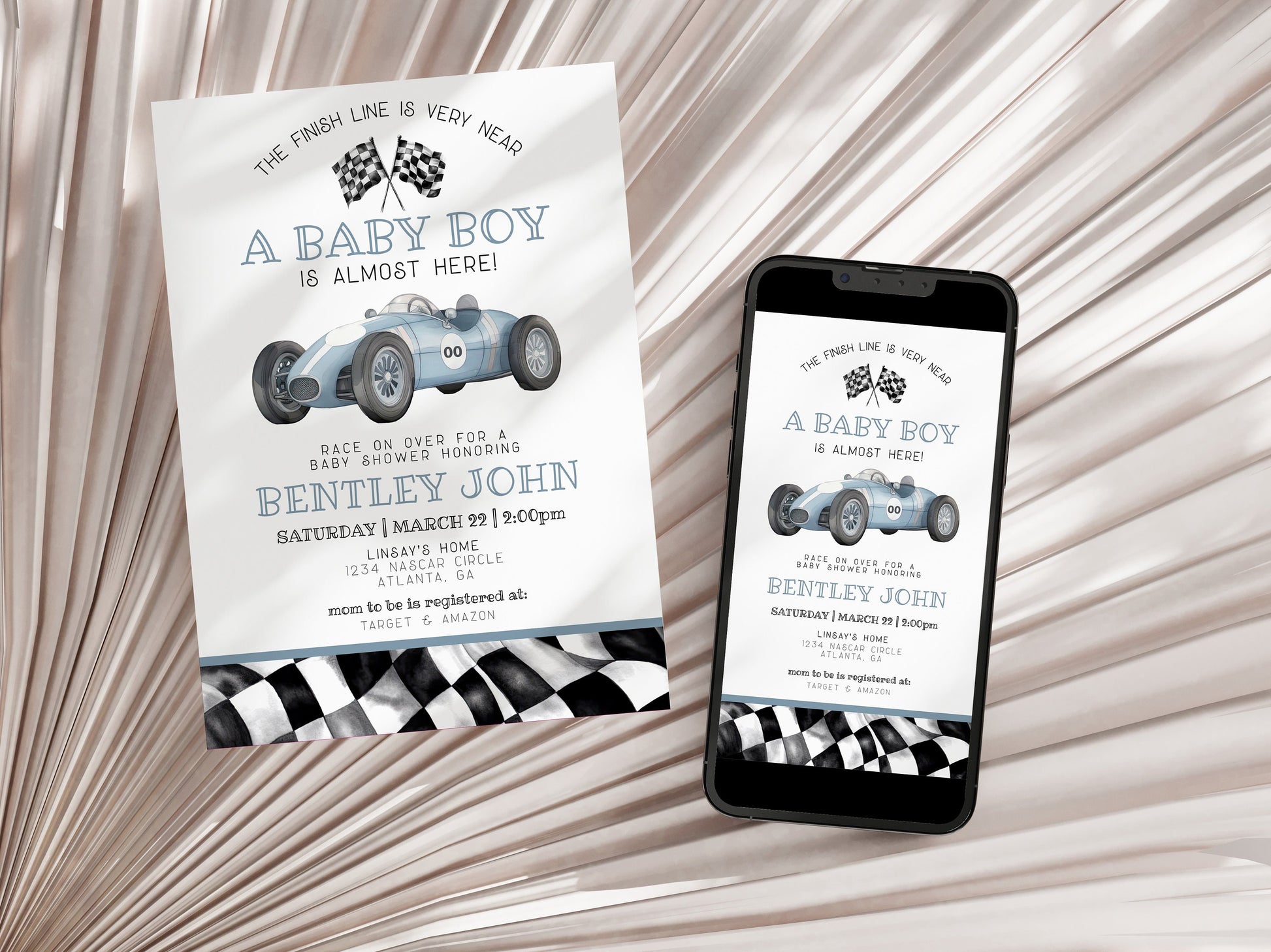 Blue Race Car Baby Shower Mini Bundle Template, digital files for baby shower for boy, printable retro vintage race car party, race on over