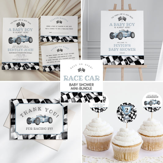 Blue Race Car Baby Shower Mini Bundle Template, digital files for baby shower for boy, printable retro vintage race car party, race on over