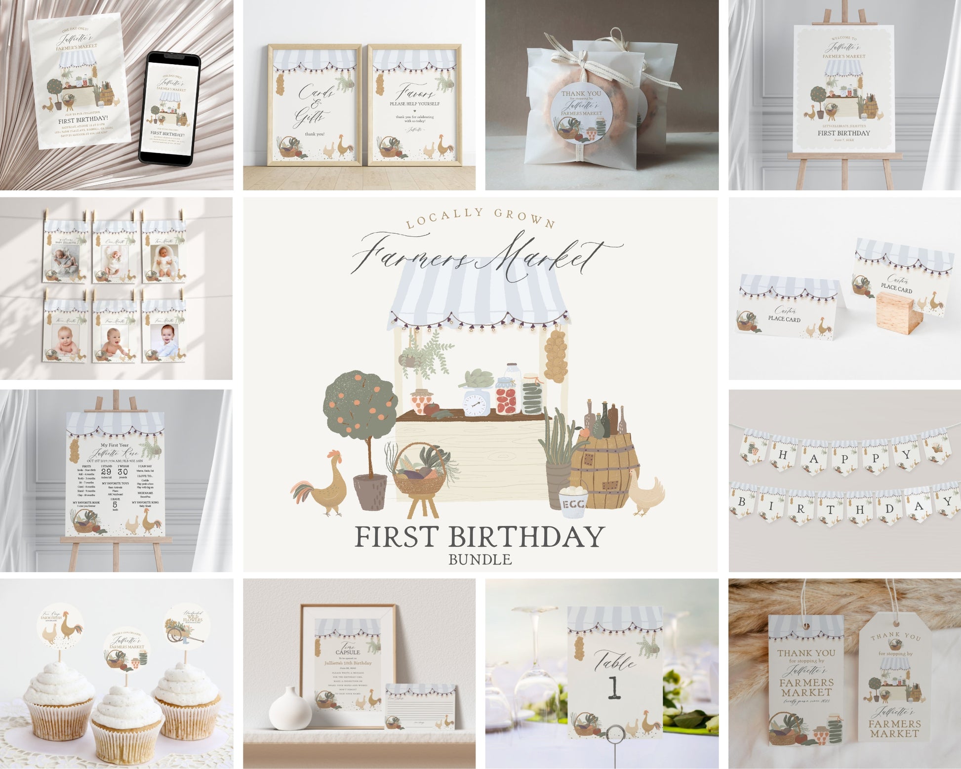 Blue Farmers Market First Birthday Bundle Printable Template, Farm Fresh Party for Gender Neutral Birthday, Locally Grown Party Decor