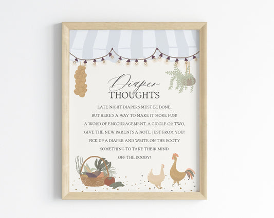 Blue Farmers Market Baby Shower Diaper Thoughts Sign Printable Template, Farm Fresh Party for Gender Neutral Baby Shower Locally Grown Decor