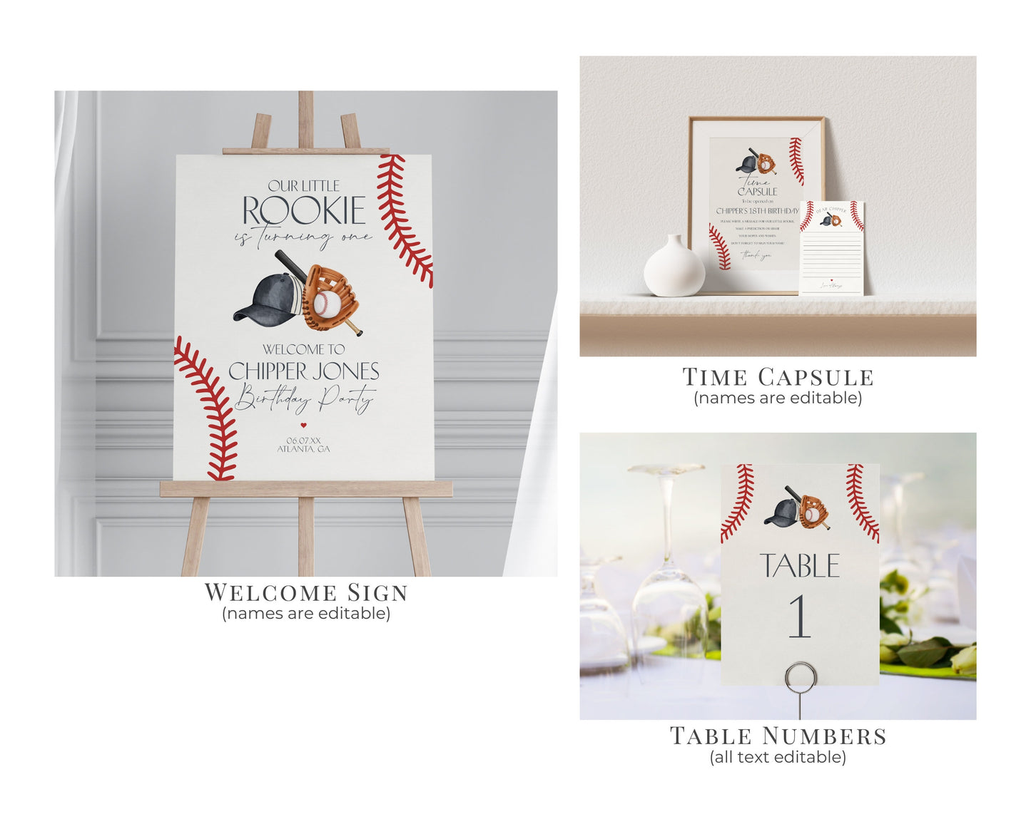 Baseball First Birthday Bundle Template, Little Rookie Theme 1st Birthday for Boy, Little Slugger Party for Grand Slam Birthday Decor