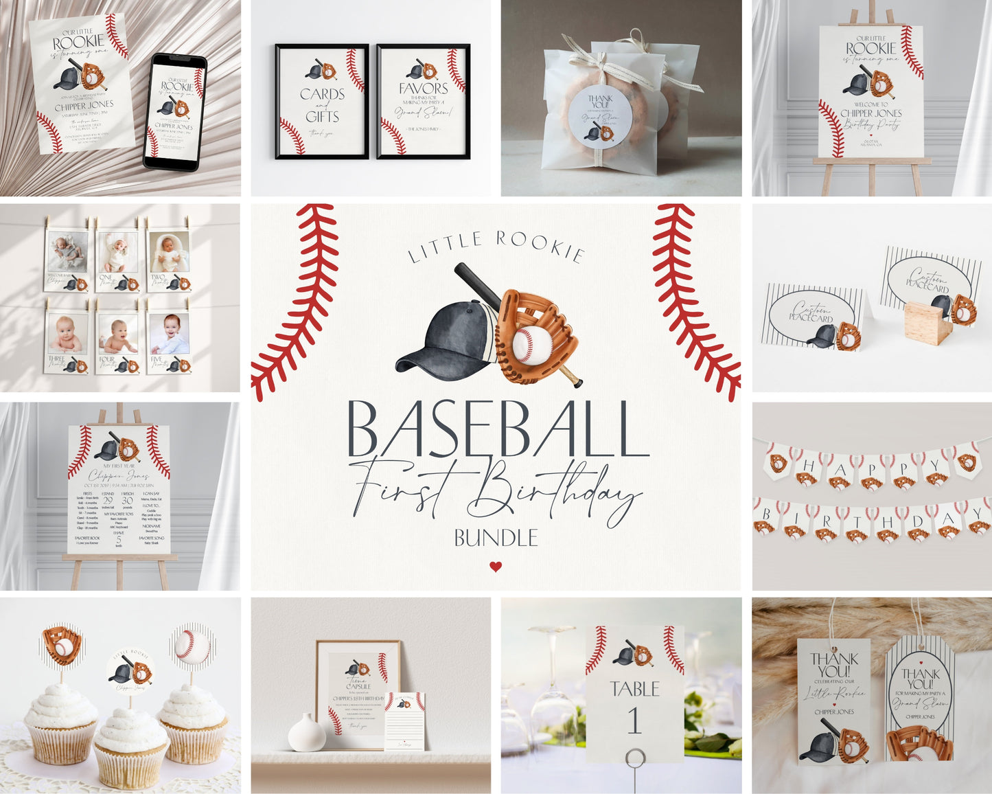 Baseball First Birthday Bundle Template, Little Rookie Theme 1st Birthday for Boy, Little Slugger Party for Grand Slam Birthday Decor