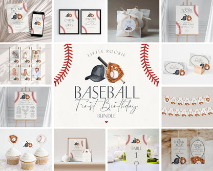 Baseball First Birthday Bundle Template, Little Rookie Theme 1st Birthday for Boy, Little Slugger Party for Grand Slam Birthday Decor