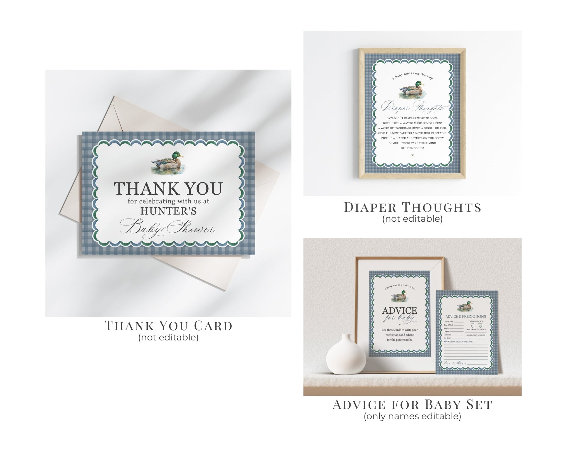 Mallard Baby Shower Bundle Printable, Editable Lucky Duck Baby Shower Decor for Boy, Adventure Duck Hunting Shower with Blue Gingham