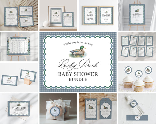 Mallard Baby Shower Bundle Printable, Editable Lucky Duck Baby Shower Decor for Boy, Adventure Duck Hunting Shower with Blue Gingham